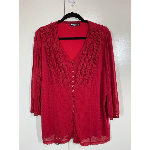 APT. 9 Woman Red Polka Dot Ruffled 3/4 Sleeve Button front V-Neck Blouse Size 1X - Picture 8 of 10